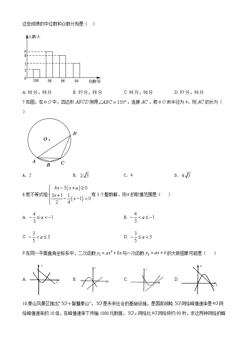 精品解析：2020年山东省泰安市泰山区九年级中考一模数学试题（解析版+原卷版）02