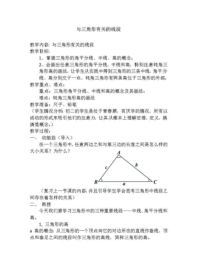 人教版数学八年级上册 11.1 与三角形有关的线段 教案01