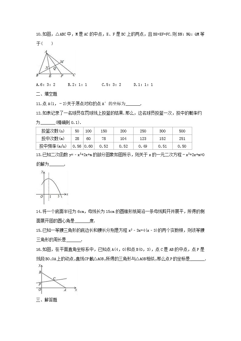 2021年人教版数学九年级上册期末复习试卷三（含答案）第2页