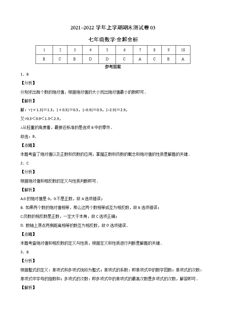 2021-2022学年七年级数学上学期期末测试卷（人教版，广州专用）03（全解全析）第1页