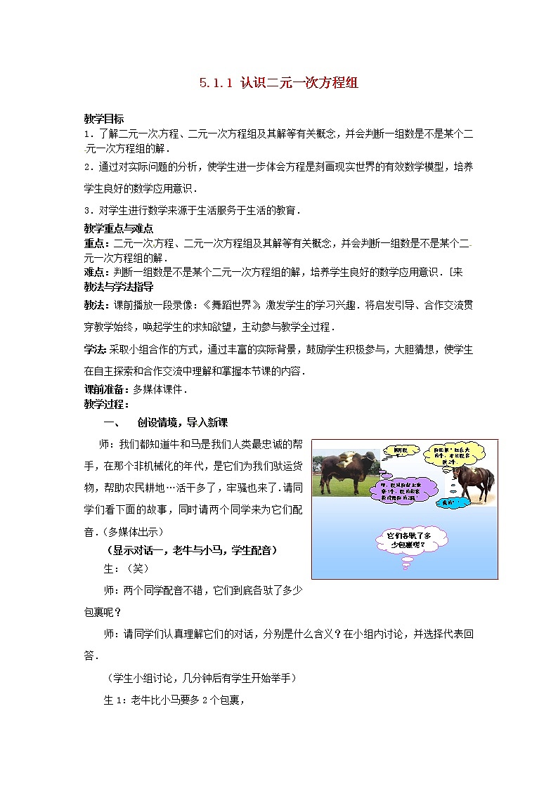 北师大初中数学八上《5.1认识二元一次方程组》word教案 (2)第1页