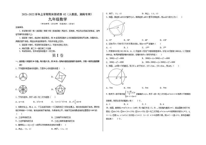 2021-2022学年九年级数学上学期期末测试卷（人教版，湖南长沙专用）02（考试版）第1页