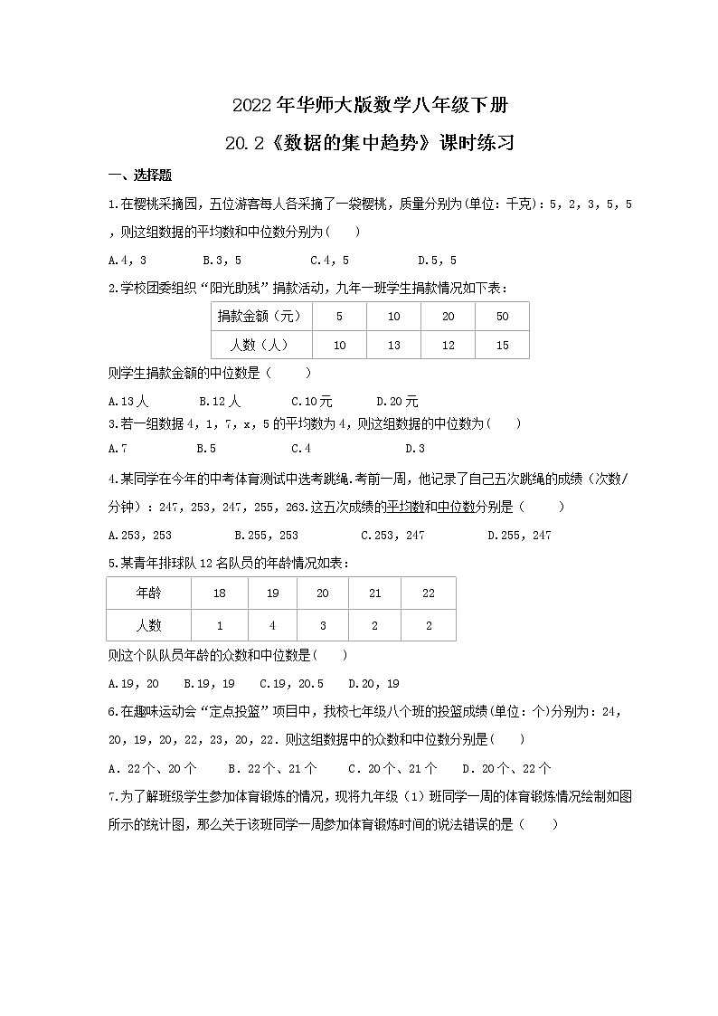 2022年华师大版数学八年级下册20.2《数据的集中趋势》课时练习（含答案）第1页