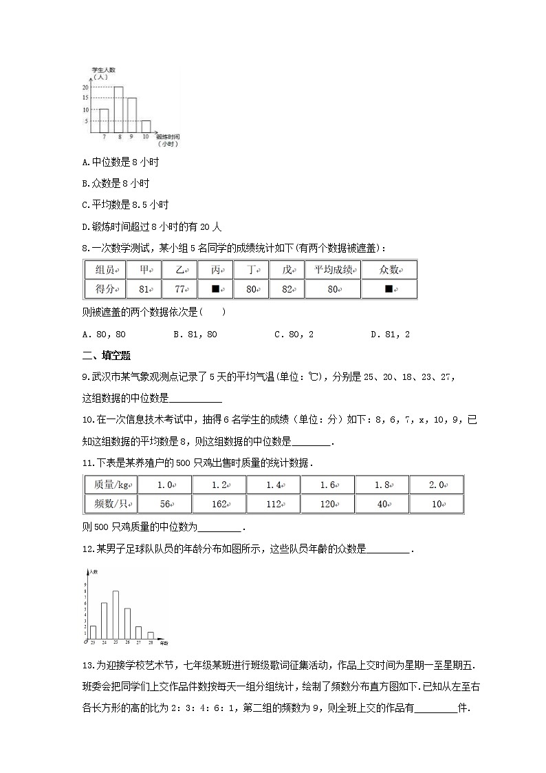 2022年华师大版数学八年级下册20.2《数据的集中趋势》课时练习（含答案）第2页
