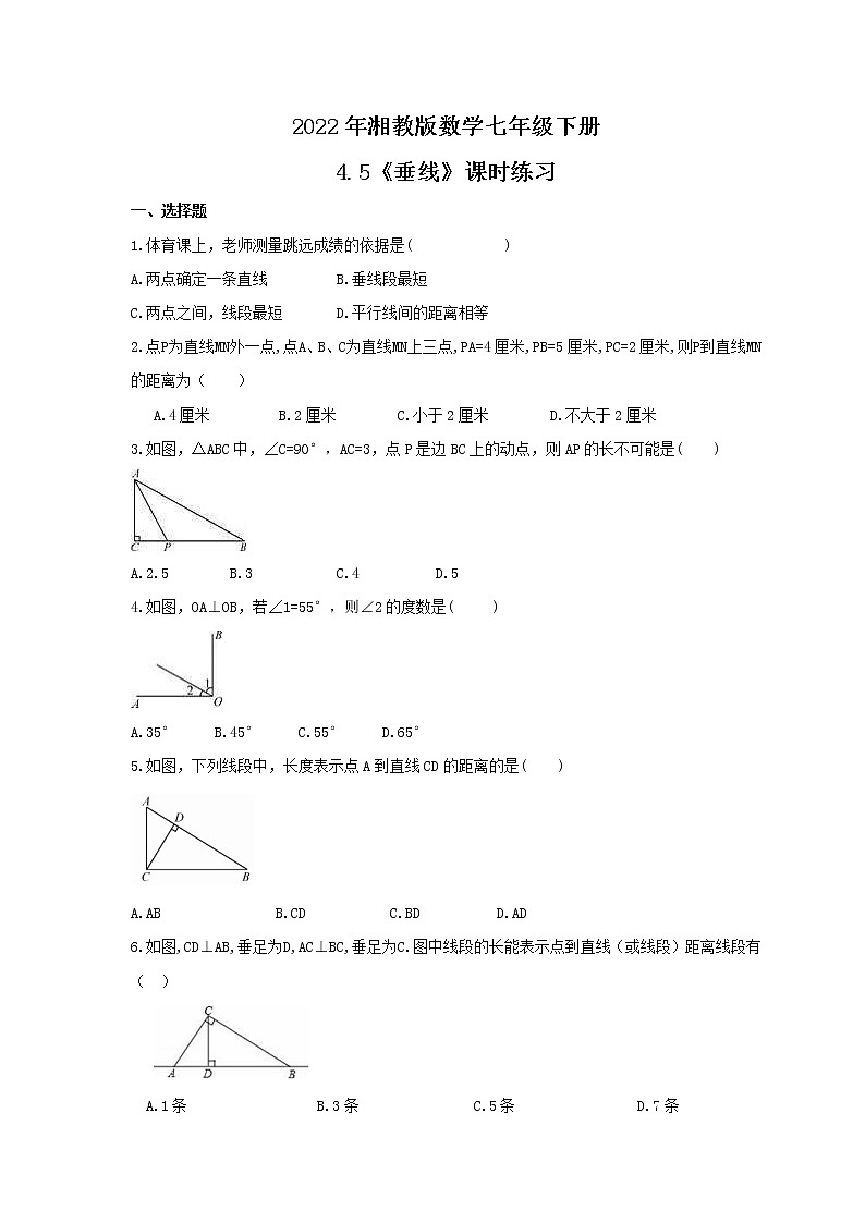 2022年湘教版数学七年级下册4.5《垂线》课时练习（含答案）01