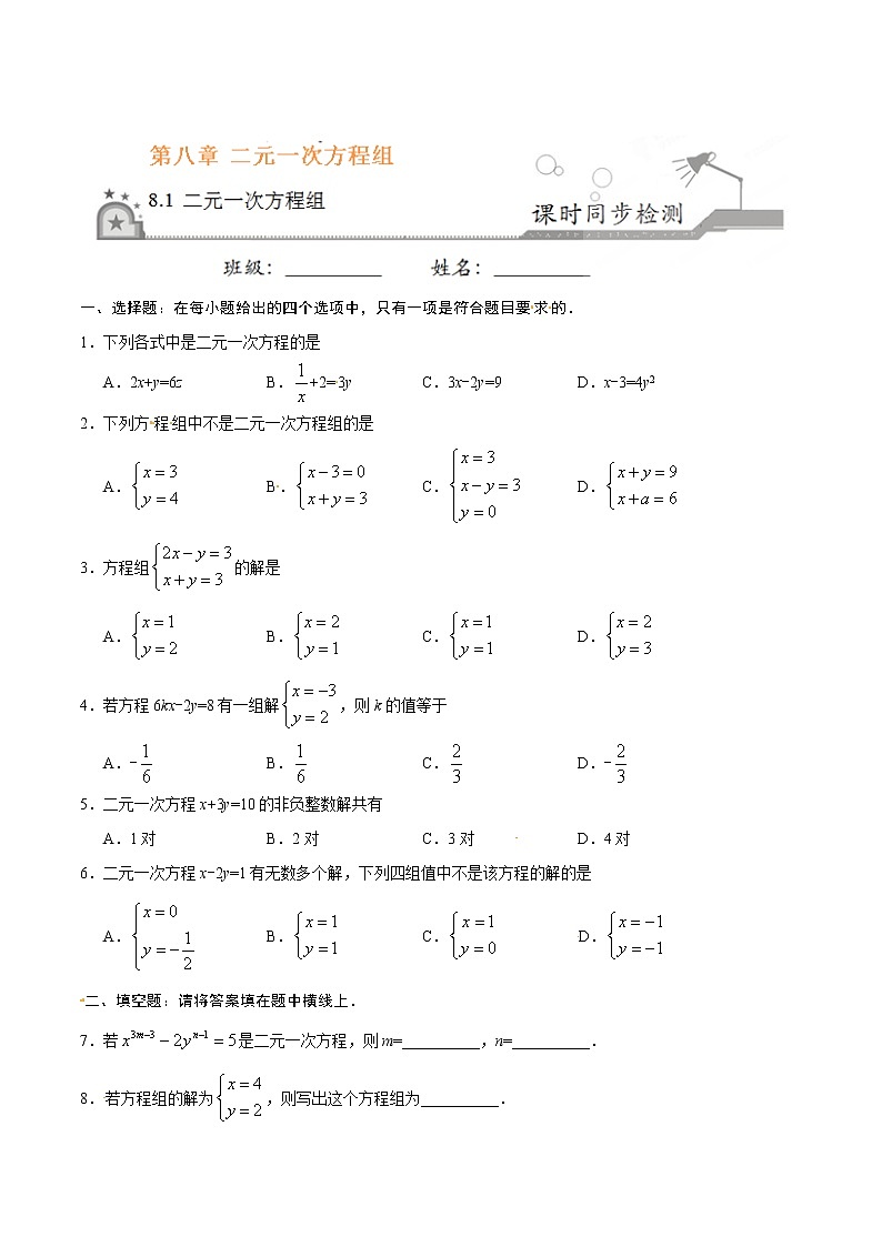 8.1 二元一次方程组-七年级数学人教版（下册）（原卷版）01