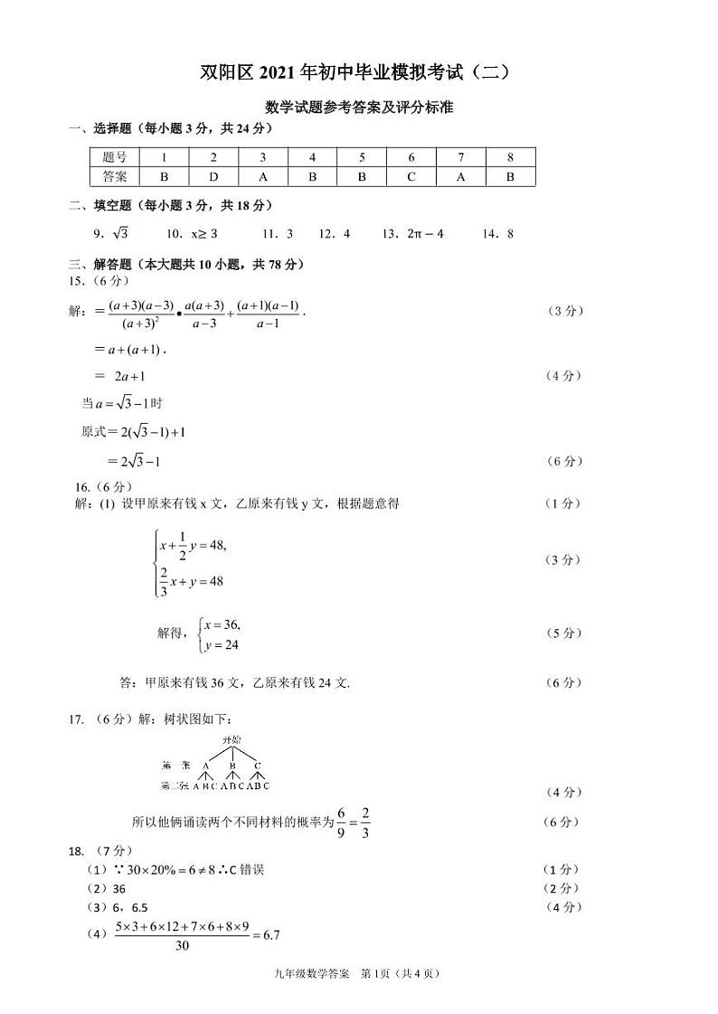 2021年吉林省长春市双阳区九年级学业模拟考试（二模）数学试题（PDF版，含答案）01