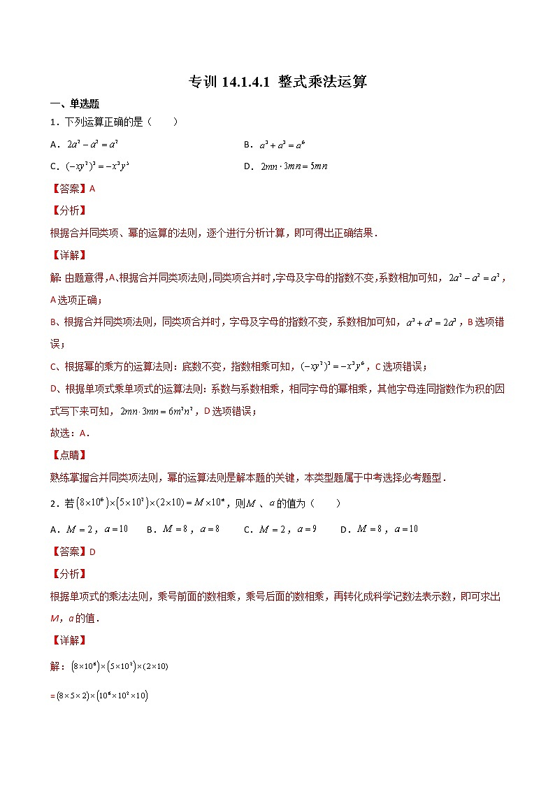 专训14.1.4.1 整式乘法运算八年级上册考点专训（人教版）练习题01