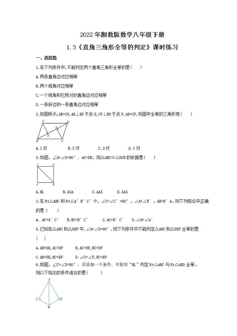 2022年湘教版数学八年级下册1.3《直角三角形全等的判定》课时练习（含答案）01