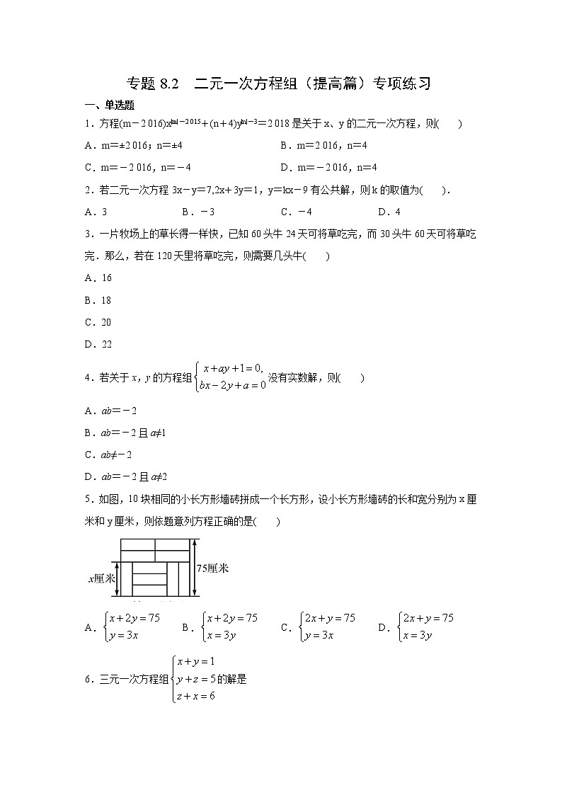 专题8.2 二元一次方程组（提高篇）专项练习-【挑战满分】2021-2022学年七年级数学下册阶段性复习精选精练（人教版）01