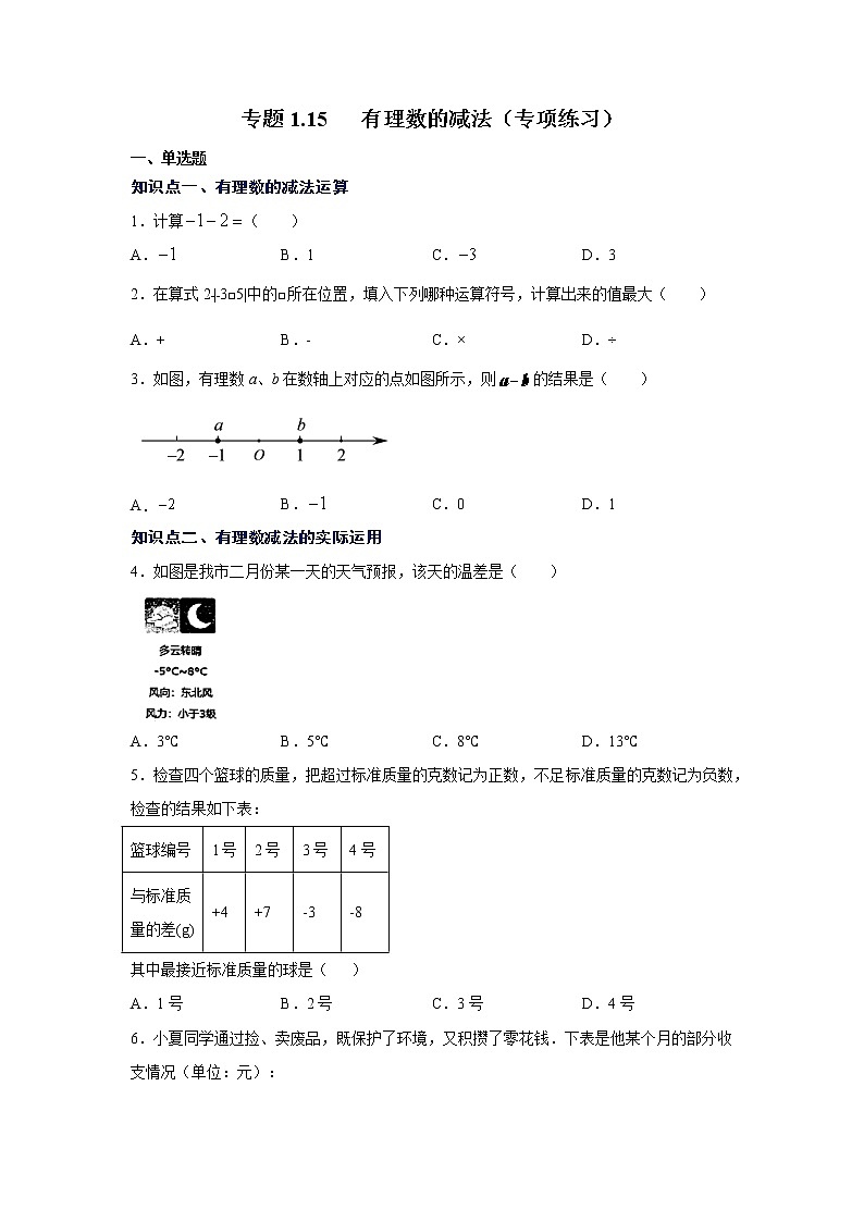 专题1.15 有理数的减法（专项练习）-2021-2022学年七年级数学上册基础知识专项讲练（人教版）01