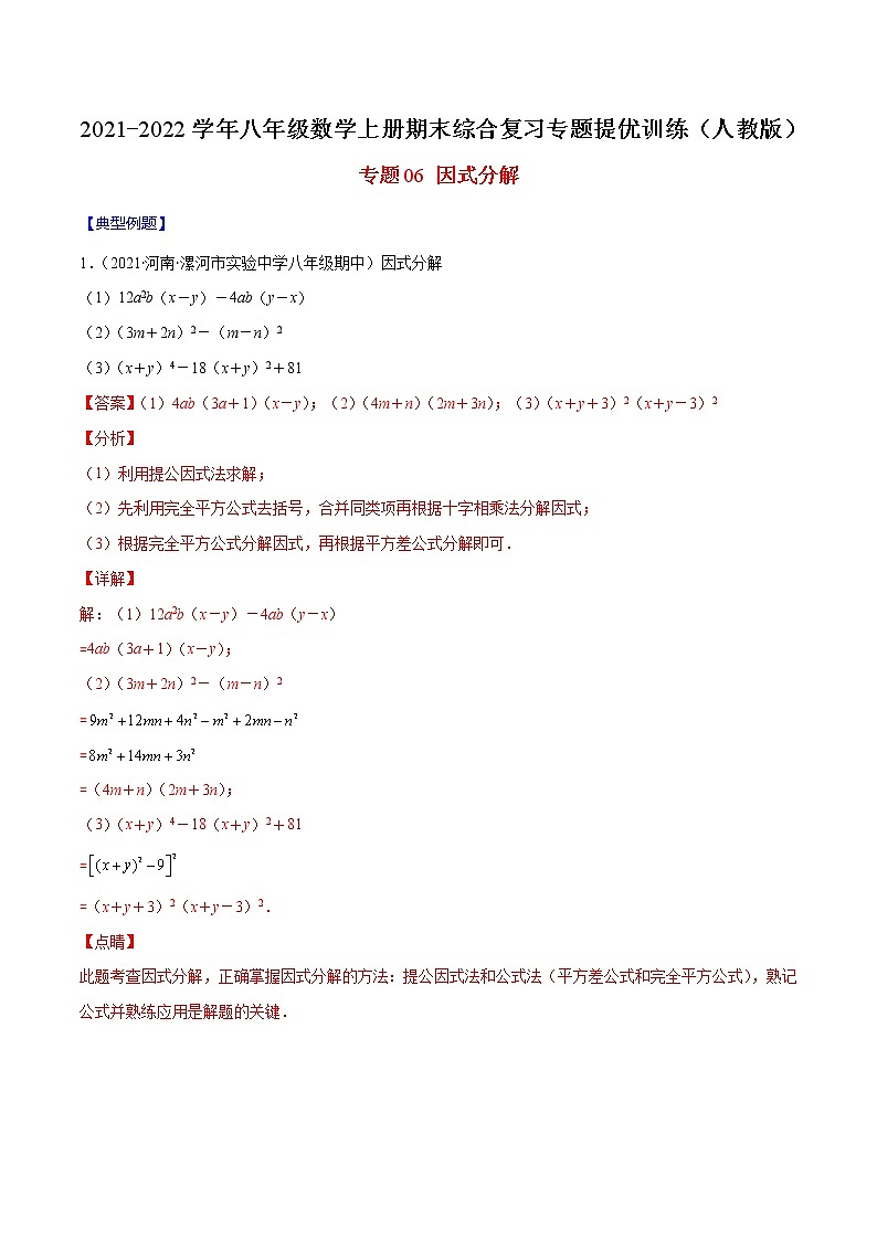 专题06 因式分解（解析版）-2021-2022学年八年级数学上册期末综合复习专题提优训练（人教版）第1页