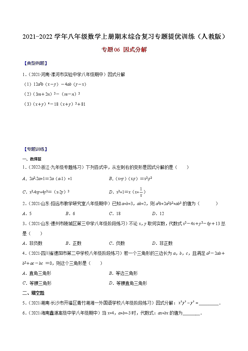 专题06 因式分解（原卷版）-2021-2022学年八年级数学上册期末综合复习专题提优训练（人教版）第1页
