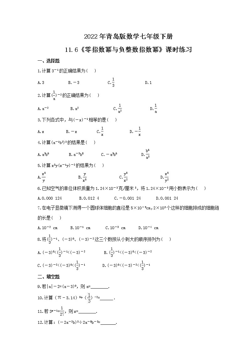 2022年青岛版数学七年级下册11.6《零指数幂与负整数指数幂》课时练习（含答案）01