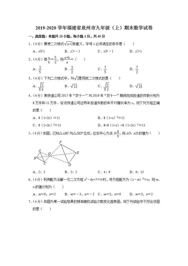 2019-2020学年福建省泉州市九年级（上）期末数学试卷第1页