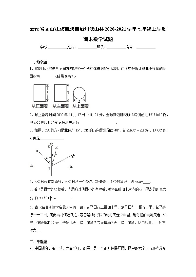 2020-2021学年文山壮族苗族自治州砚山县七年级上学期期末数学试题（含答案与解析）第1页