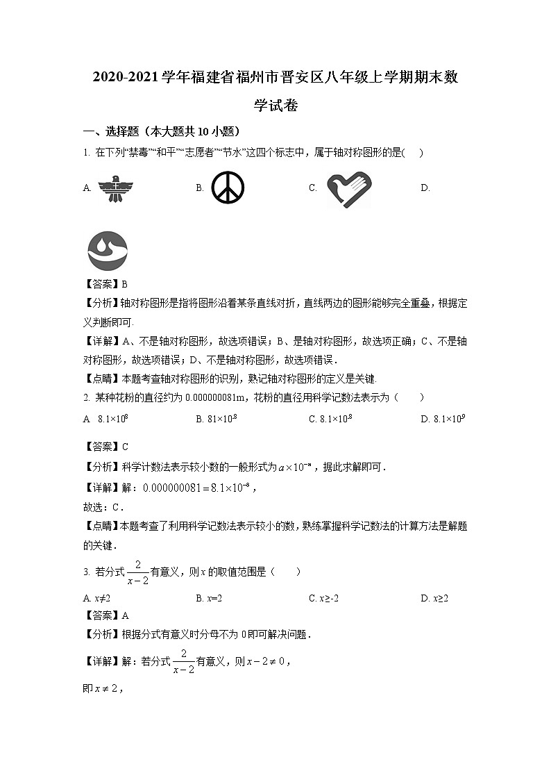 2020-2021学年福州晋安区八年级上学期期末数学试题（含答案与解析）01