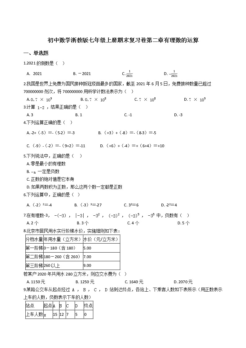 初中数学浙教版七年级上册期末复习卷第二章有理数的运算01