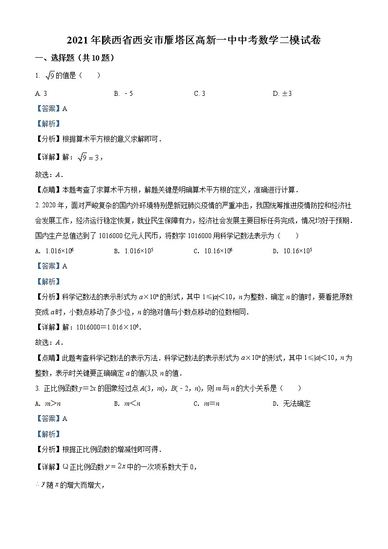 精品解析：2021年陕西省西安市雁塔区高新第一中学中考数学二模试题（解析版）第1页