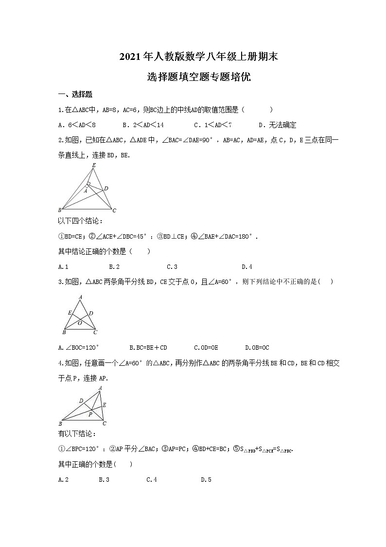 2021年人教版数学八年级上册期末选择题填空题专题培优（含答案）01