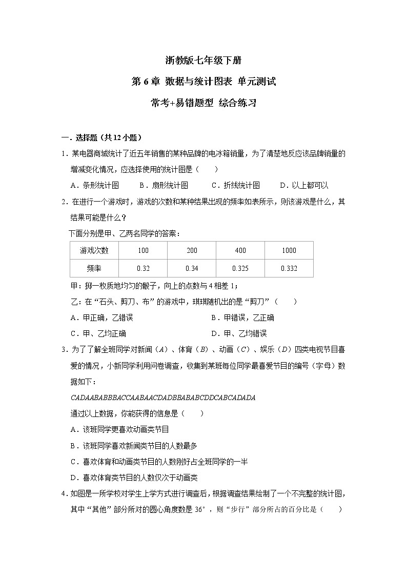 浙教版 七年级下册 第6章 数据与统计图表 单元测试【常考+易错题】 综合练习（含答案）01