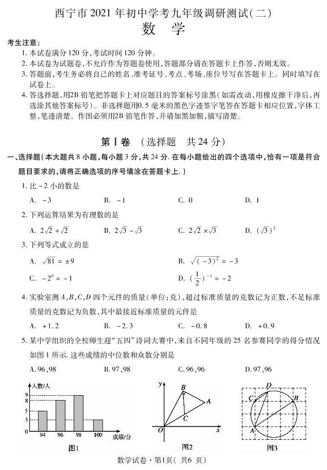 青海省西宁市2021年初中学考调研测试二（中考二模）数学试题及答案（PDF）01