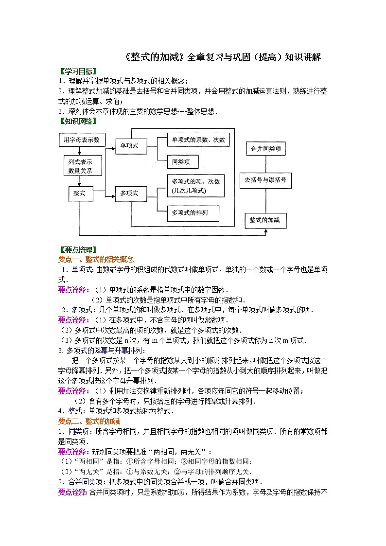 七年级上册人教版第二章章末复习《整式的加减》全章复习与巩固（提高）知识讲解学案第1页