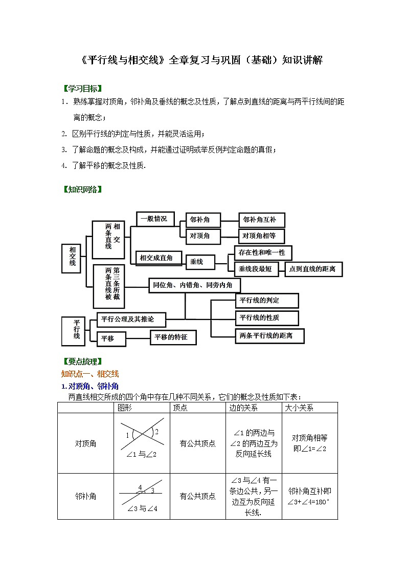 第五章本章综合《平行线与相交线》全章复习与巩固(基础)知识讲解学案01