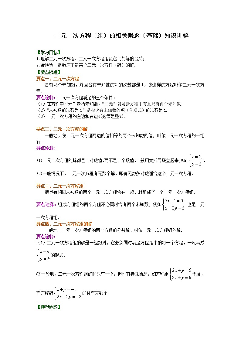 七年级下册人教版第八章第一节二元一次方程组的相关概念(基础)知识讲解练习题01