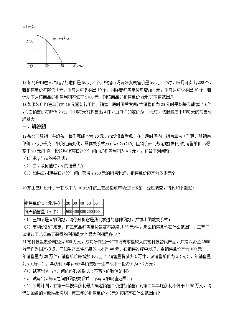2021-2022苏科版九年级下册---第5章二次函数--二次函数的实际应用-销售问题03