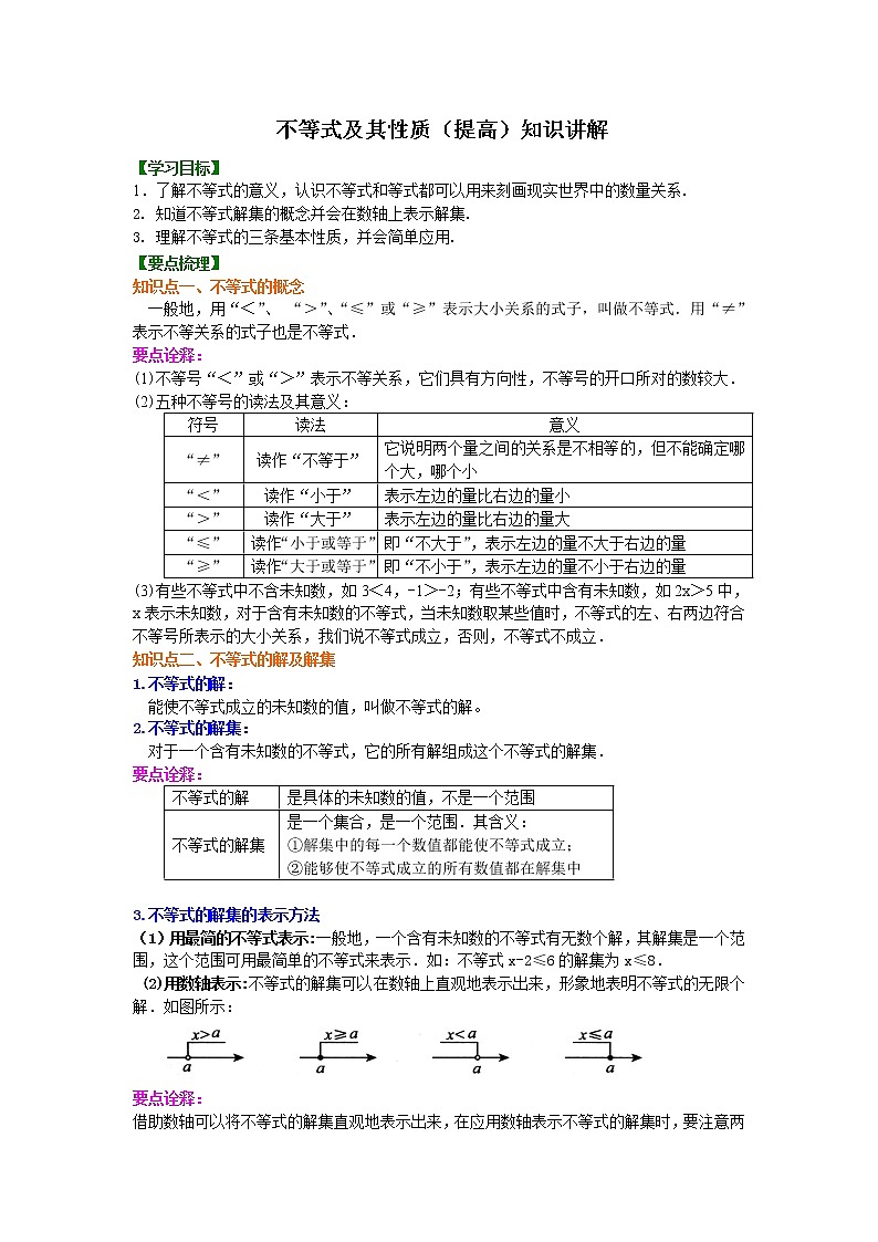 七年级下册第九章第一节不等式及其性质(提高)知识讲解学案01