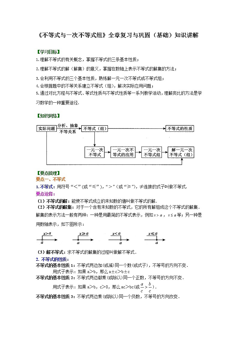 七年级下册第九章《不等式与一次不等式组》全章复习与巩固(基础)知识讲解学案第1页