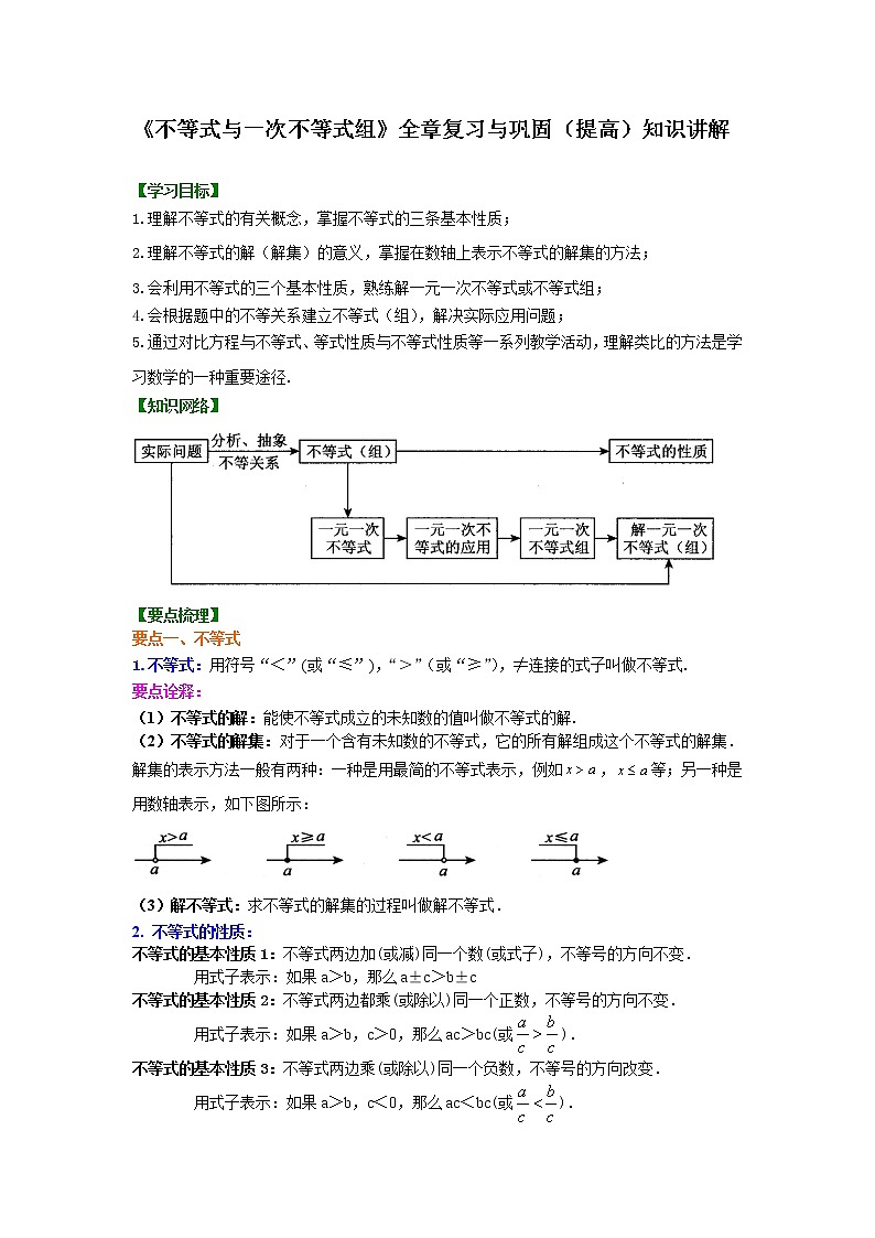 七年级下册第九章《不等式与一次不等式组》全章复习与巩固(提高)知识讲解学案第1页