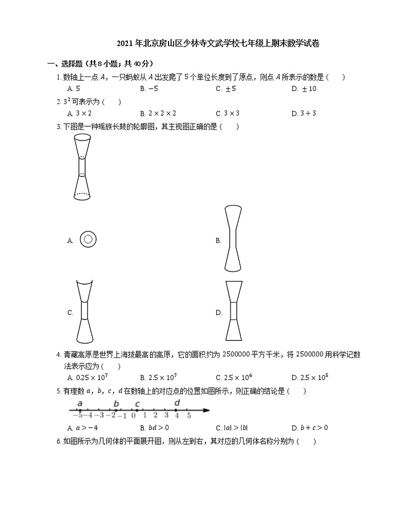 2021年北京房山区少林寺文武学校七年级上期末数学试卷第1页
