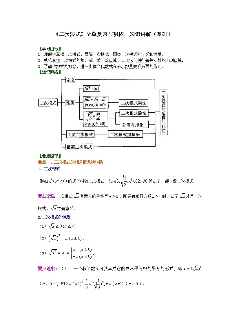 八年级下册数学人教版第十六章二次根式全章复习与巩固（基础）知识讲解学案01