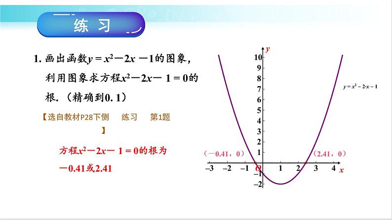 华师大版数学九年级下册 26.3 二次函数和一元二次方程方程（不等式）的关系 教学课件第7页