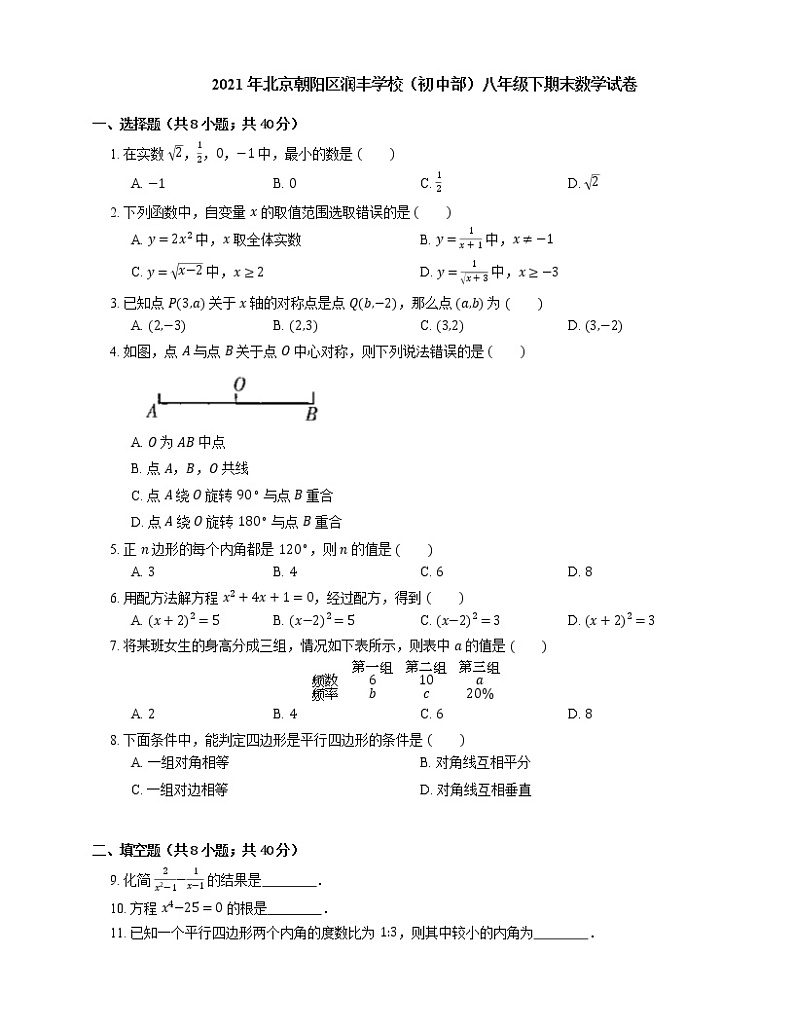 2021年北京朝阳区润丰学校（初中部）八年级下期末数学试卷01