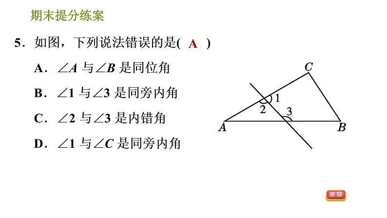 湘教版七年级下册数学 期末提分练案 第5课时　相交线及平行线的性质与判定 习题课件第7页