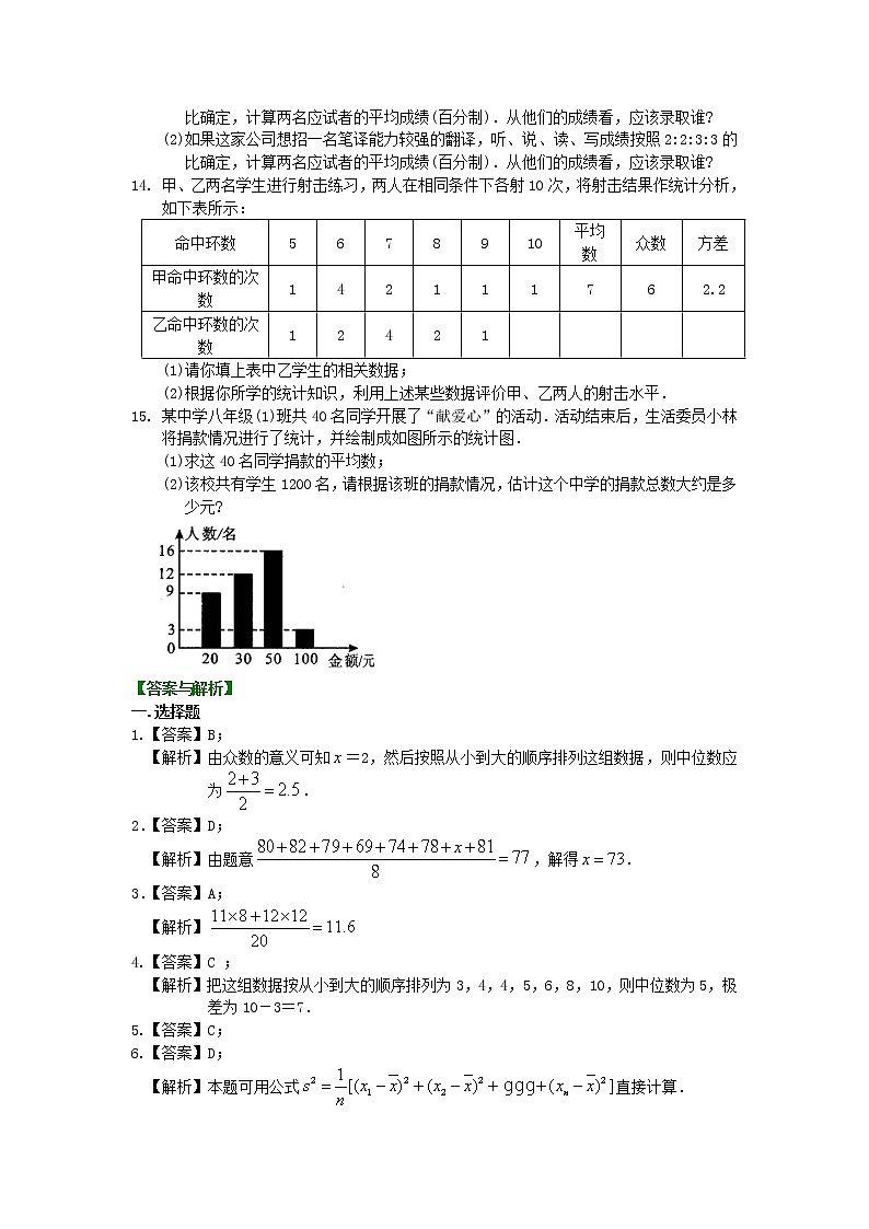 八年级下册人教版第二十章数据的分析 巩固练习第2页