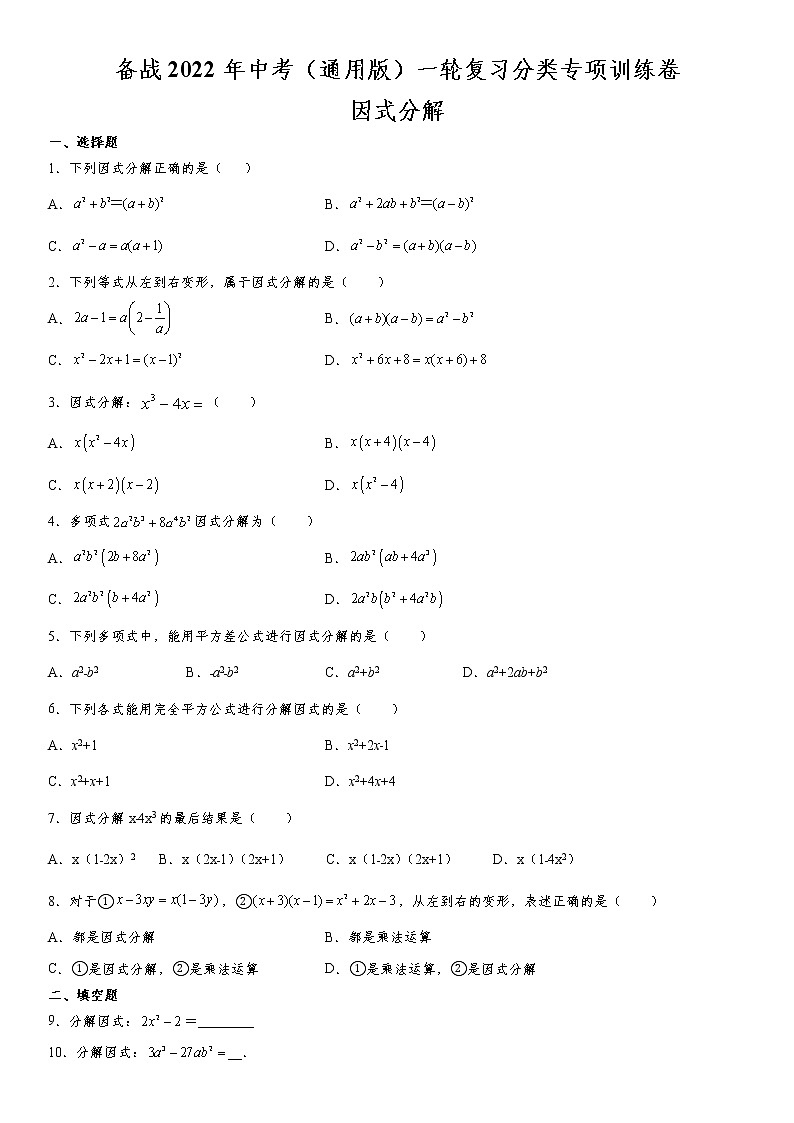 备战2022年中考（通用版）一轮复习分类专项训练卷：因式分解（word版，含解析）第1页