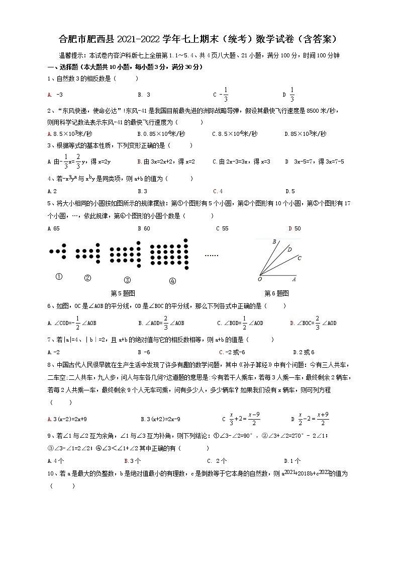 安徽省合肥市肥西县2021-2022学年七年级上学期期末考试数学试题（word版 含答案）01