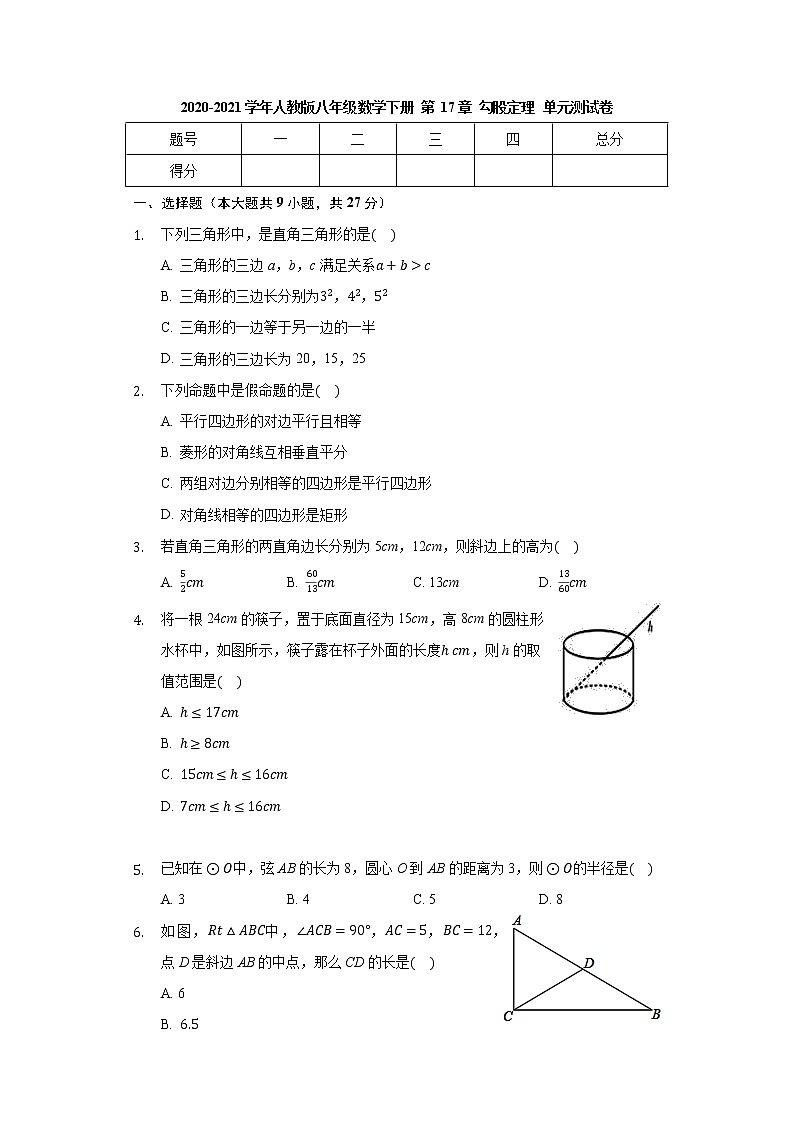 2020-2021学年八年级数学人教版下册 第17章 勾股定理 单元测试卷第1页