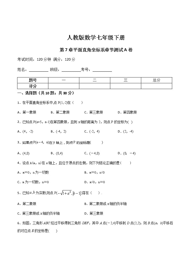 第5讲 平面直角坐标系章节测试题A卷-七年级数学下册知识点同步练习（人教版）（原卷版）第1页