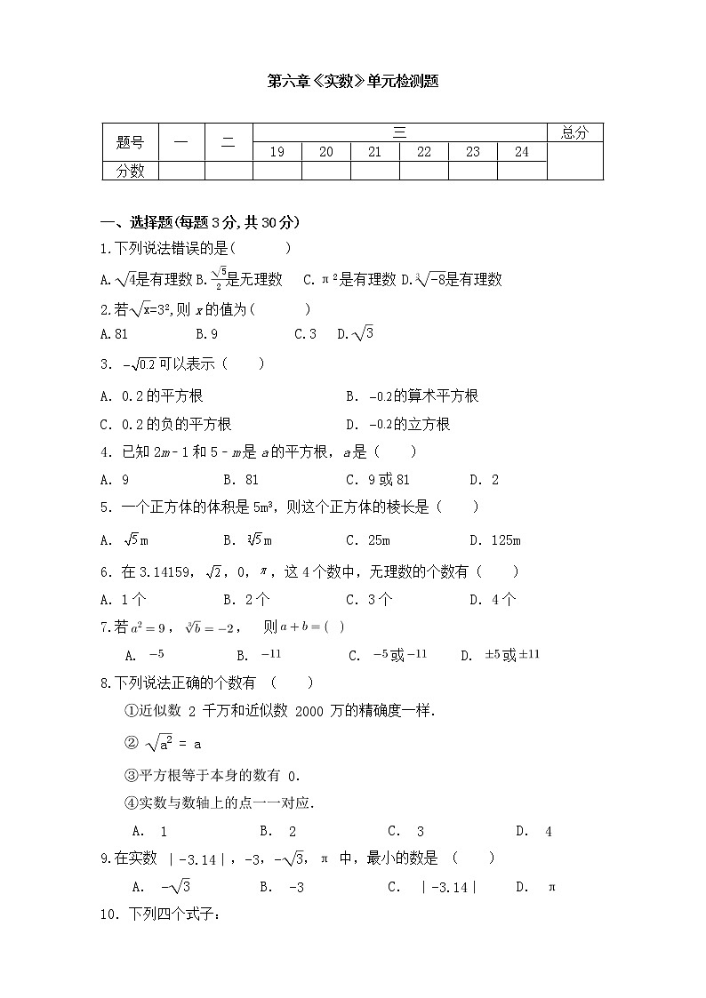第六章《实数 》单元同步检测试题  2021-2022学年人教版七年级数学下册（word版 含答案）01