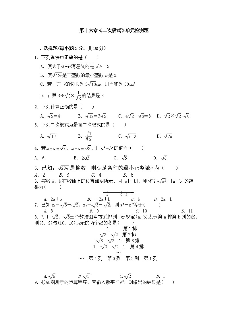 第十六章二次根式单元同步检测试题2021-2022学年人教版八年级数学下册 (1)第1页