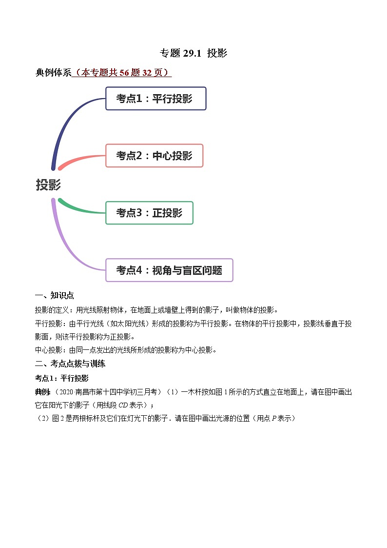 人教版九年级数学下册同步训练--专题29.1 投影 同步精讲（原卷+解析版）01