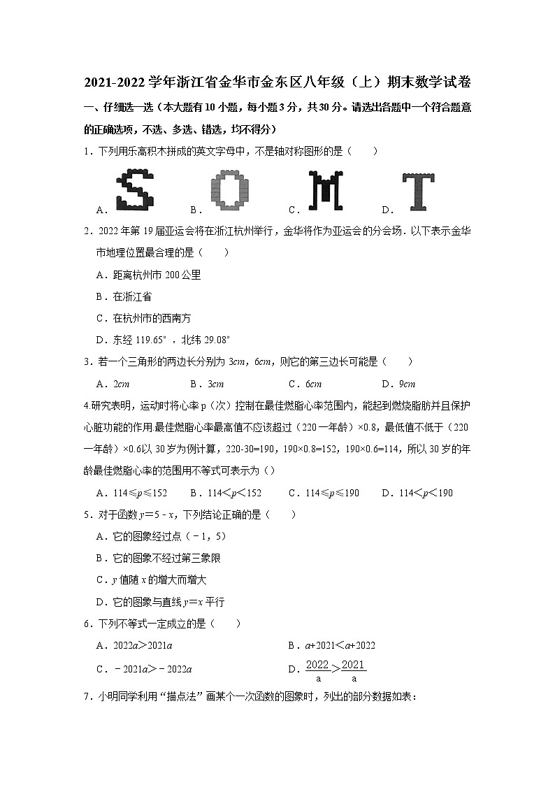 浙江省金华市金东区 2021-2022学年八年级上学期期末数学试卷（word版 含答案）第1页
