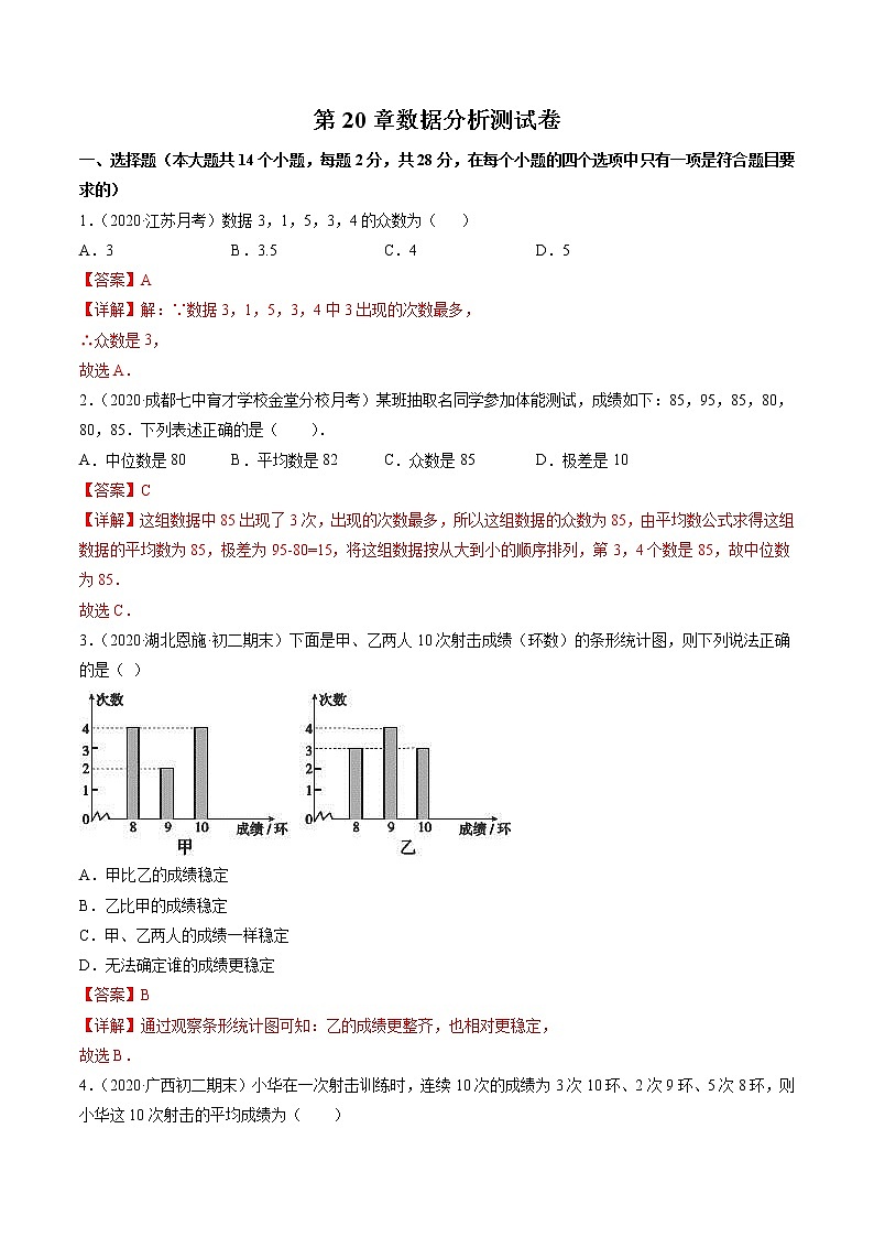 第20章 数据的分析（重点+单元测试卷）-八年级下册数学 精讲+练习（人教版）01