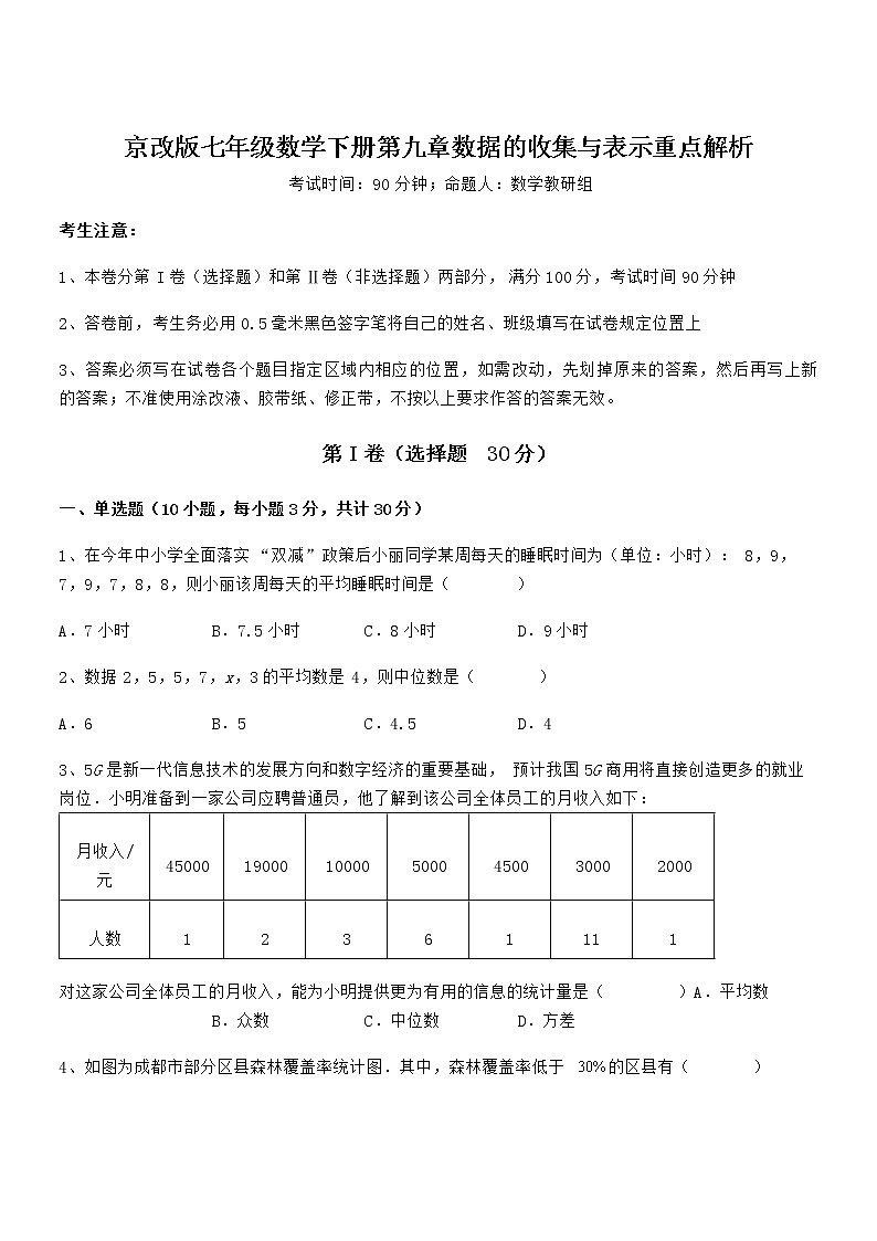 2022年最新京改版七年级数学下册第九章数据的收集与表示重点解析试题（含详细解析）第1页