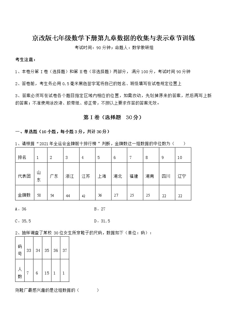 精品解析2022年最新京改版七年级数学下册第九章数据的收集与表示章节训练试题（名师精选）第1页
